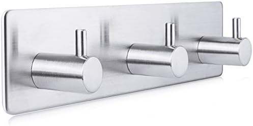 Self Adhesive Coat Towel Robe Hook Rack Rail, Brushed Finish Stainless Steel Hanger for Kitchen Bathrooms Lavatory Closets with 3 Hooks, Water and Rust Proof, Heavy Duty