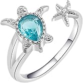 OIDIMS Sea Turtle Starfish Statement Ring Blue Cubic Zirconia Adjustable Open Crystal CZ Animals Pets Nature Ocean Rings Finger Band Eternity Wedding Engagement Cute Jewelry for Women