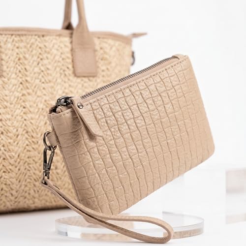 Bolso Rafia Mujer - Bolso de Verano Mujer - Bolso Bandolera Mujer Verano - Cremallera Superior y Neceser Pequeño - Bandolera Casual para Primavera y Viajes (Apricot)