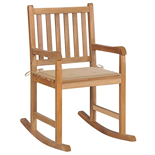 vidaXL Teak Massiv Schaukelstuhl mit Beige Kissen Schaukelsessel Gartenmöbel Stuhl Sessel Relaxstuhl Schwingsessel Gartenstuhl Holzstuhl