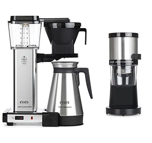 Technivorm Moccamaster KBGT Thermal Carafe Brewer Bundle with Technivorm Moccamaster KM4 TT Grinder - Polished Silver Brewer, Brushed Silver Grinder