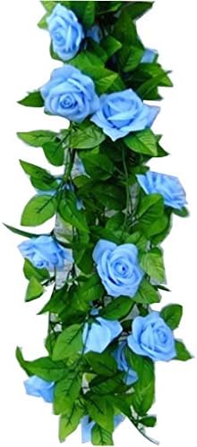 Derker Pack of 2 Artificial Silk Rose Flower Green Leaf Vine Garland Home Wedding Party Wall Decoration (8.2 ft) (Baby Blue)