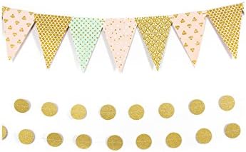 CELEBRATIONS LAB PARTY DECORATIONS-Party Decorations, Holidays, Wedding Events, Baby Showers, Birthdays, Pre-Assembled (Set of 1 Bunting Banner with 2 Golden Garlands), Pink and Gold Background