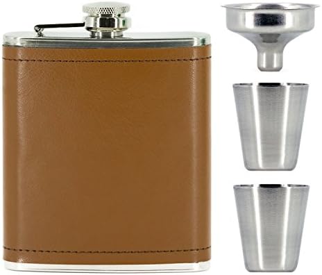 Nugilla Pocket Flask 7 oz - Stainless Steel with Brown Discolored Leather Wrapped Cover and Copper Cap, Included Funnel and Two Wine Glass, 100% Leak Proof, Black Gift Box Suite