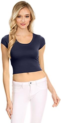 Womens Basic Short Sleeve Scoop Neck Crop Top - USA, T1029, XXX-Large, Navy