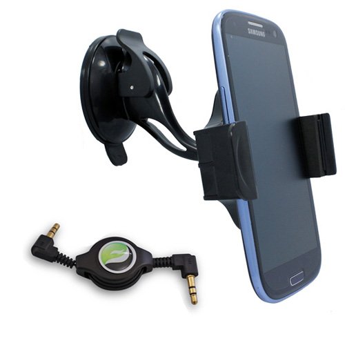 Quality Universal Car Mount Windshield Rotating Swivel Phone Holder + Fonus Brand Retractable 3.5mm Car Stereo Auxiliary AUX Audio Cable for iPhone 6, 6 Plus, 5S, 5, 5C, 4S, 4 - Samsung Galaxy S5, S4, S3, S2, Galaxy Note Edge, Note 4 3 2 1 - Motorola Google Nexus 6, Moto X G E, DROID MAXX / RAZR / MAXX / HD / Ultra / Mini, RAZR M, Droid Turbo - HTC One MAX / ONE M8 / One Remix / Desire, Sony Xperia Z3 Z3v, ZTE Grand XMax, Nokia Lumia, LG Google Nexus 5 4, LG G2 G3