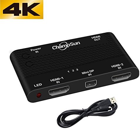 HDMI Video Out Switcher 4K, 3-in-1 out HDMI+DP+Mini DP to HDMI 4 K Adapter Converter with ON/OFF, Display Switch and Power Port for Laptop, Tablet PC, HDTV, etc.