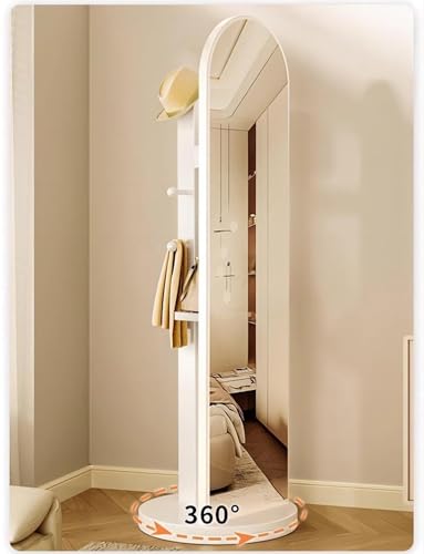 Full length mirror, HD 360° Rotating Floor Standing Rounded Mirrors with Coat Hanger & Shelf, Fitting Mirrors, Wooden Rotatable Mirror, Living Room Entrance Dressing Mirror (Style-C1)