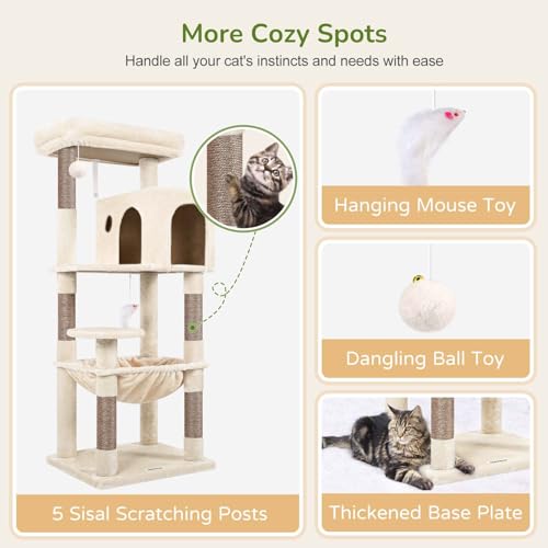 Globlazer Beige Cat Tree 137 cm with Extra Large Hammock 45 x 40 cm, Large Kennels, Padded Platform, Easy to Install Indoor Cat Trees for Adult Cats Rest, Scratching Game (F53, Beige)