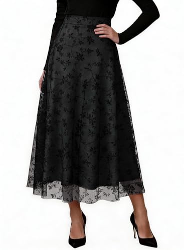 Gettalocky Women's Black Floral Chiffon Midi Skirt, High Waist A-Line Side Zipper Elastic Waist, Wedding Guest Office Party,GT0043I-Black,XS at Amazon