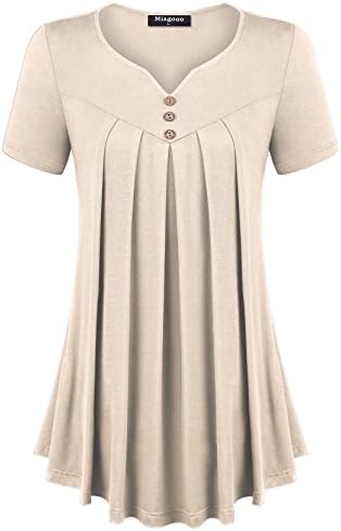 Miagooo Womens Short Sleeve Scoop Neck Pleated Front A Line Flare Hem Tunic Tops