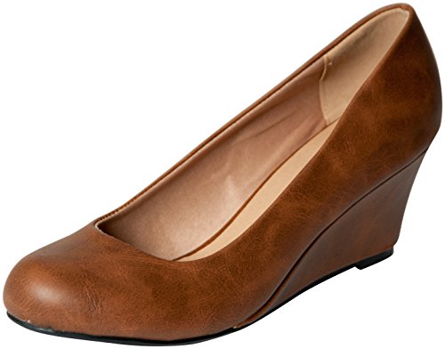 Forever Link Women s DORIS-23 Faux Leather Mid Heel Round Toe Wedge Pumps Tan 7