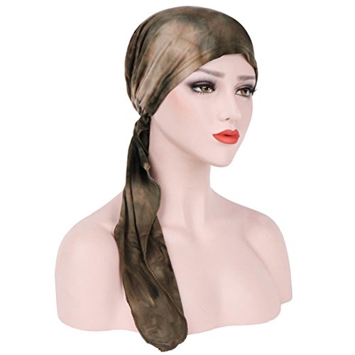 SUKEQ Stretch Pre-Tied Chemo Hat Beanie Cap Turban Headwear Long Hair Headwrap Scarves for Cancer (Khaki)