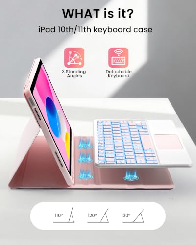 LAMA 7 Colors Backlight Touchpad Keyboard Case for iPad (A16) 11th 2025/10th Gen 2022 Case with Keyboard, Folio Cover with Pencil Holder, Smart Trackpad, Detachable Keyboard for iPad 11th 10th Gen,PK