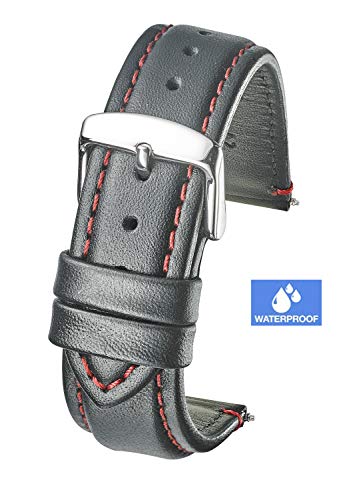 Genuine Waterproof Sporty Padded Leather Watch Band - 22mm - Black/red
