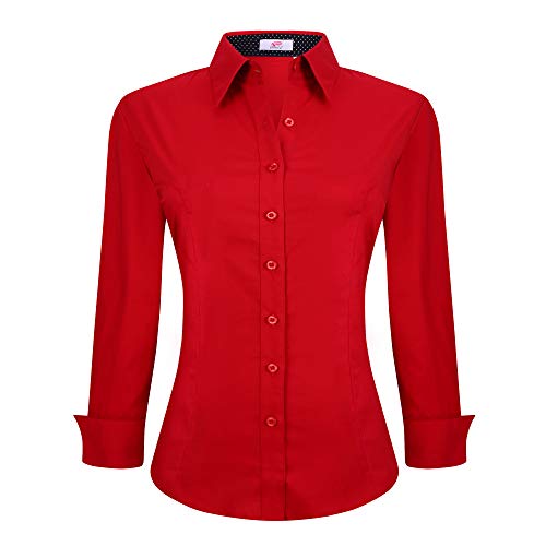 Esabel.C Womens Casual Button Down Shirts Long Sleeve Regular Fit Blouse Red, Large