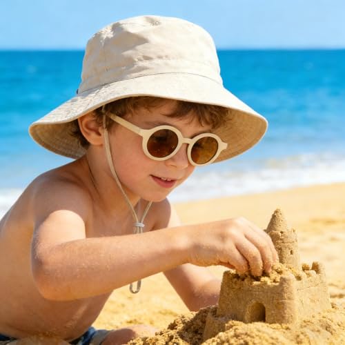 Shedoo Children's Sun Hat UV Protection UPF 50+, Wide Brim Neck Protection Fishing Hat Baby with Sunglasses, Breathable Bucket Hat with Adjustable Chin Strap, Beach Hat for Boys, Girls