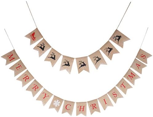 Amazeco 2 Pack Merry Christmas Burlap Banners Flags Elk