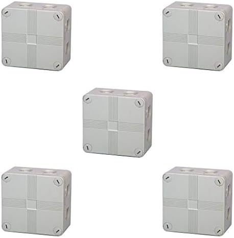Pack of 5 Grey Waterproof Junction Box with 5 Pole 4.0mmsq Screw Terminal & 8 Self Sealing Cable Inlets (IP66 32A L:90x W:90x D:50mm)