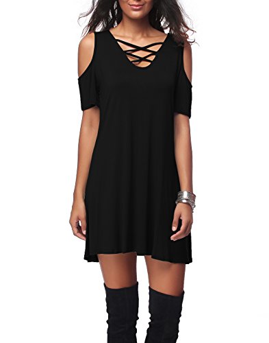 iGENJUN Women's Casual Short Sleeve Off Shoulder Cross V-Neck Loose Dress,Black,XXL