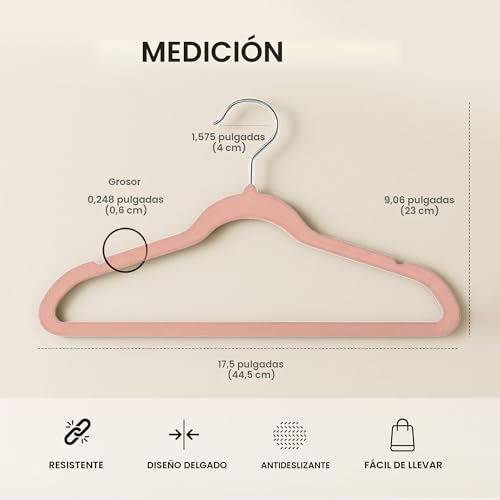 Cabides de veludo antiderrapantes premium, cabides pretos duráveis com gancho giratório de 360 graus Gancho de Serviço Pesado (Rosa, Pack de 50)
