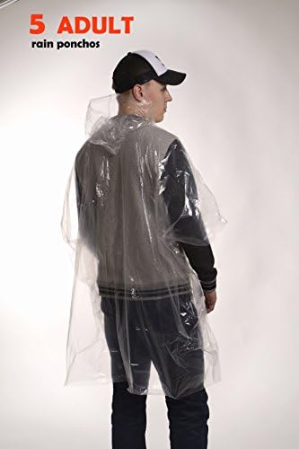 Disposable Emergency Rain Poncho for Adults with Hood - 5 Pack - Best for Rainy Days, Live Sports, Camping, Fishing, Disney, Outdoor Parties and Activities - Keeps You Dry - Always Prepared.