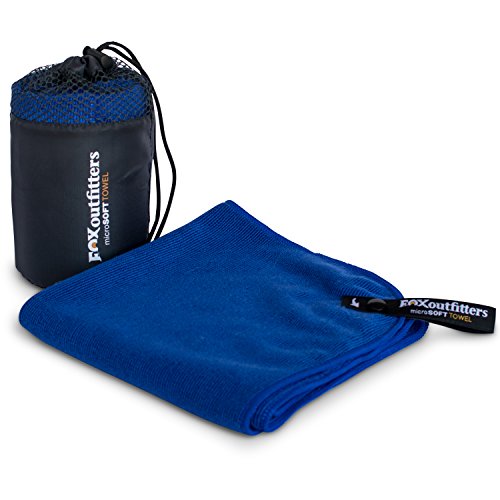 Fox Outfitters Microsoft Towel - Ultra Compact Soft Dry Microfiber Camping & Travel Towel with Hang Loop Snap. Lightweight & Great for Backpacking, Hiking, Sports. (Blue - Small)