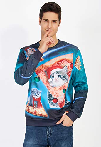 chicolife Cute stilvolle hässlich Weihnachten Katze Kitten auf Pizza Design Urlaub Xmas Pullover Sweatshirt Top für Damen Herren