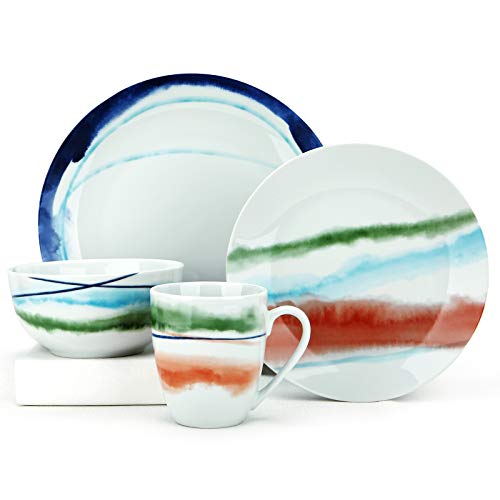 ZYAN 16 Piece Round Dinnerware Sets, White Fusion Stoneware Dish Sets