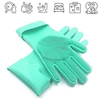 Magic Silicone Dishwashing Gloves with Scrubber, SOOSI Scrubbing Cleaning-Dish Wash Reusable Sponge Rubber Gloves for Dishes,Heat Resistant Kitchen Tool for Household,Dish Washing,13 x 6 x1 inch,Green