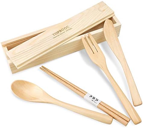 100% Handmade Wooden Flatware Set, Travel Camping Cutlery Set, 4 Pieces Knife Spoon Chopsticks Set, Portable Travel Silverware Dinnerware Set with a Wooden Organizer box (4pcs Wood Flatware Set)