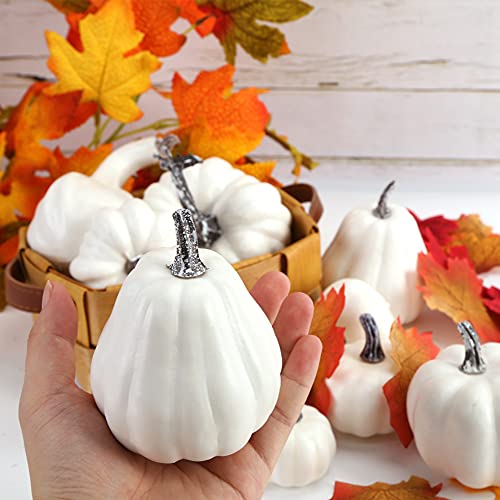 VGOODALL Artificial Pumpkins Decoration,11 Pcs Assorted Sizes White Fake Pumpkins Foam Pumpkins for Fall Autumn Decor Thanksgiving Halloween Decorations