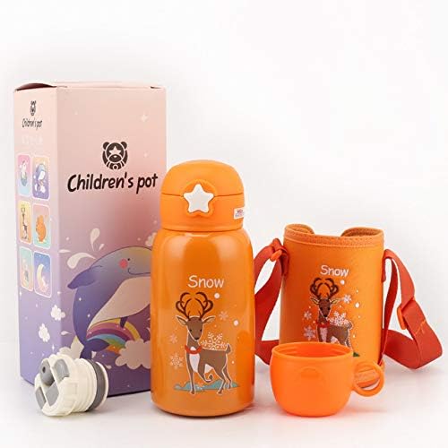 Rabbfay Kids Water Bottle Insulated Leakproof with Straw, Cute Toddler Stainless Steel Thermos Cup with Carrier Holder Shoulder Strap And Spare Cover Lid