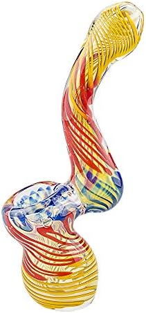SMKP 4.3 inch Tall Curved Pipe, Recreational Art Collectable Handmade Yellow Red Spiral Glass