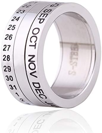 RGANT Stainless Steel Rotatable Spinning Ring with Numerals Calendar Rhinestone Design,8mm Wide,Silver