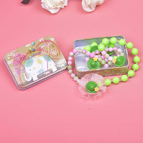 Larcenciel Kids Jewelry Necklace Bracelet Ring Earring Set Flowers Pendant Bubblegum Chain for Little Girls Children Play Pretend Dress Up (Green hat)