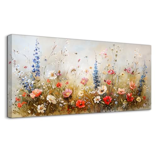 hyidecorart Helle Blumen Wandbilder Wohnzimmer 50x100 cm, Leinwand Bild Bunte Wildblumen, Modern Wanddeko Aesthetic Schlafzimmer Badezimmer Büro Zimmer Esszimmer Flur Küche