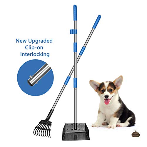 QiMH Dog Pooper Scooper, Long Handle Stainless Metal Pet Poop Tray and Rake Set for Small Medium Dogs Waste Removal, Clean Response Dog Waste Bin & Rake
