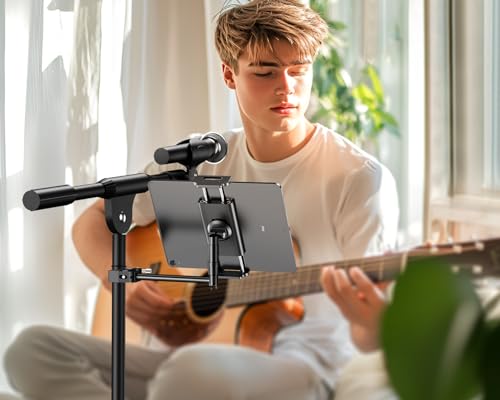 elitehood Aluminum iPad Holder for Mic Stand, Side Mount iPad Music Stand Holder for Microphone, 360° Swivel Tilt Adjustable Mic Stand Tablet Holder for iPad, iPhone and More 4-13in Tablet