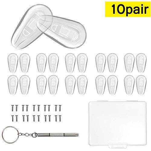 Upgraded Glasses Nose Pads,BEBEEPOO 10 Pairs of Soft Silicone Air Chamber Eyeglass Nose Pads, Screw-in 15mm Glasses Repair kit with Screws and Micro Screwdriver Easy Installation