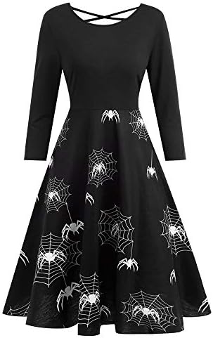 TOPBIGGER Womens Halloween Party Dress Long Sleeve Backless Round Neck Spider Printed A-Dress