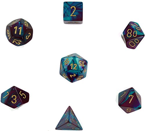 Chessex Manufacturing Cube Gemini Set Of 7 Dice - Purple & Teal With Gold Numbering CHX-26449
