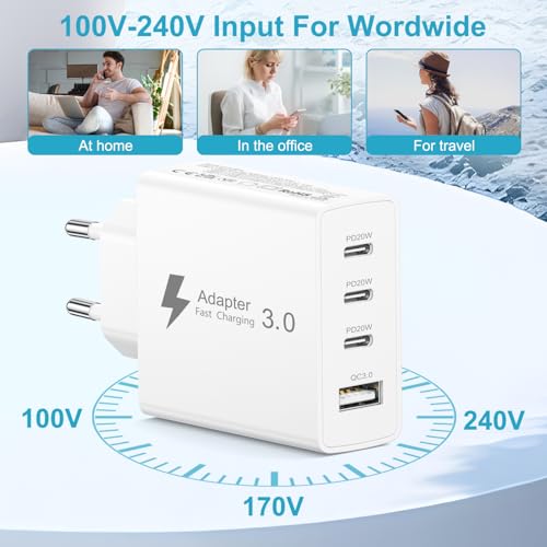 EU Travel Adapter Charger, 50W European Plug Adapter Fast Charging with 3 USB C+1 USB A, European Wall Adaptor EU Plug Fast Charger Compatible with iPhone 17 16 15 14 13 11 Pro Max,Samsung Galaxy