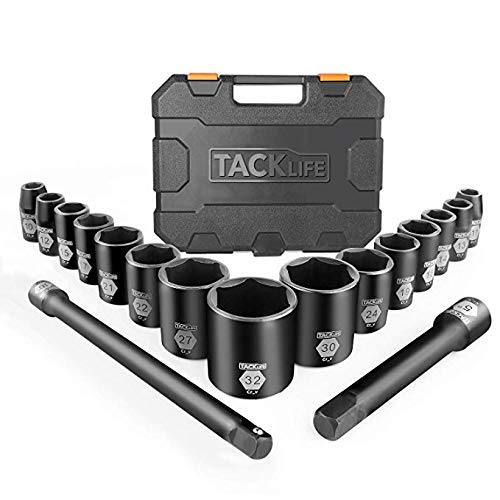 Drive Impact Socket Set, TACKLIFE 17Pcs 1/2-Inch Drive Shallow Impact Socket Set, 6 Pt. Socket Design, 15Pcs Metric Sockets with 2Pcs Extension Bar Set - HIS3A