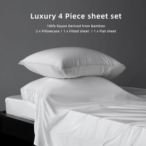 MAXICOZY KING SHEET SET, COOLING SHEETS, DEEP POCKET UP TO 16″, SOFT SHEETS KING SIZE BED SET, HOTEL LUXURY SILKY BEDDING SHEETS & PILLOWCASES, WHITE(4 PIECE)