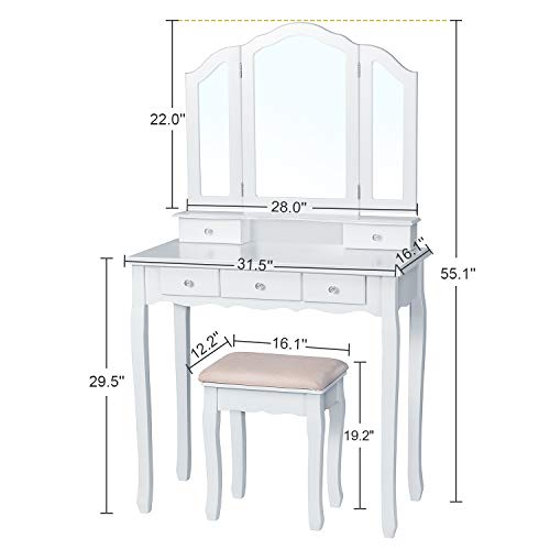 image for Tiptiper Vanity Set with Cushioned Bench, Makeup Table with Tri-Foldin