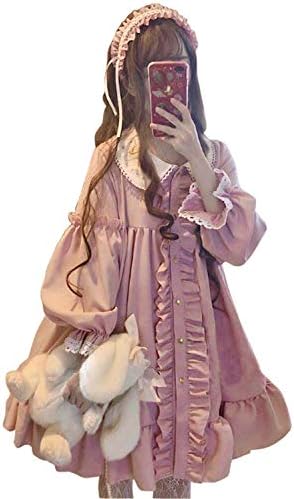 Lady Oliver Women’s One Piece Long Sleeve Dress, Pink, Lolita, Collar, Ruffles, Loose, Girly, Cute Dress