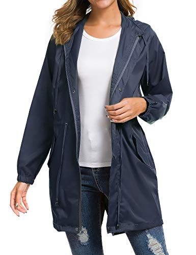 Besshopie Womens Lightweight Hooded Waterproof Active Outdoor Rain Jacket Navy Blue - Thumbnail 2