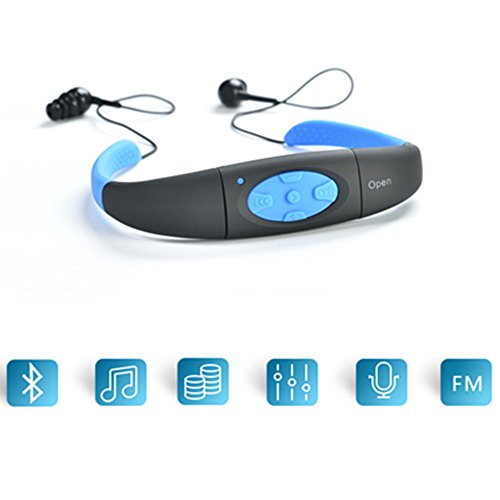 Waterproof MP3 Headset Music Player,8GB Swimming Neckband Sweatproof Headset with FM Radio Sport Businda Underwater Earphone Swim Surfing (Black-Blue)