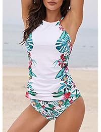 Tankini de cuello alto con estampado floral y pantalones cortos para natación
